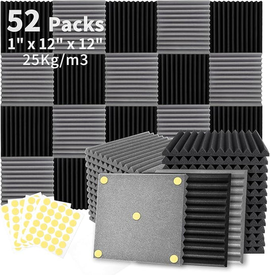 Focusound 52 Pack Black GreyAcoustic Foam Panels 1" x 12" x 12" Sound Proof Foam Panles Soundproofing Noise Cancelling Wedge Panels for Home Office Recoding Studio with 300PCS Double-Side Adhesive