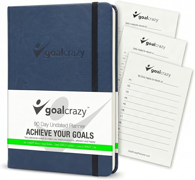 Goal Crazy Undated Daily Planner to Achieve Your Goals - 90 Day Guided Journal & Productivity Organizer with Goal Setting, Habit Tracker, To Do List, Academic & Work Calendar, Leather Hardcover - Navy