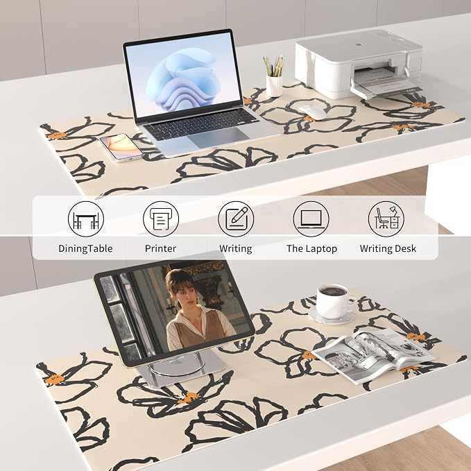 Colorful Star Leather Waterproof Desk Pad, Large Computer Keyboard Mat, Mousepad Office Accessories for Women, Abstract Line Floral 31.5" x 15.7"