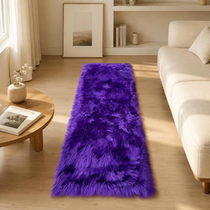 EasyJoy Faux Sheepskin Rug, Fluffy Faux Fur Rug, Ultra Soft Shag Area Rug with Non-Slip Backing for Bedroom, Living Room, Nursery, Kids Room(2x6 ft Rectangle, Dark Purple)