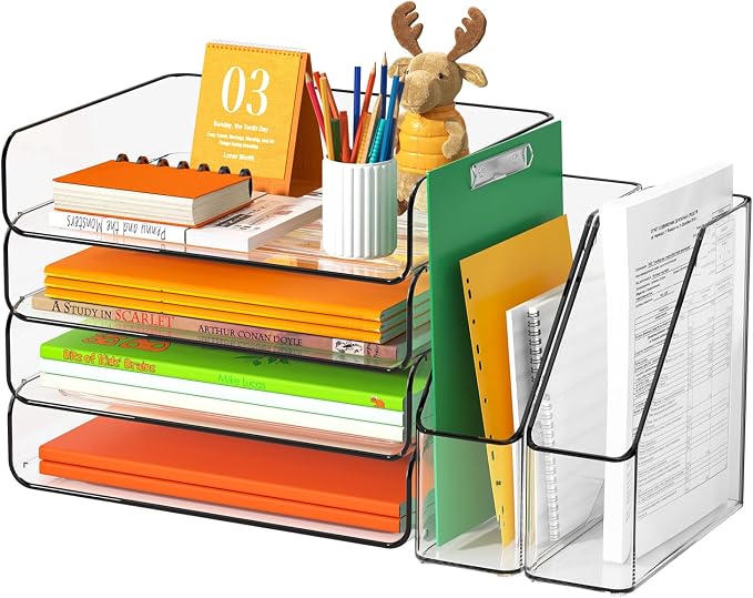 FANXIYQ 4-Tier Acrylic Paper Tray Organizer with Bookends, Paper Organizer | Tool-Free Stackable 1-4 Tier Design with 2 Bookends for Files, Folders and A4 Paper; For School, Home Office and Study Room