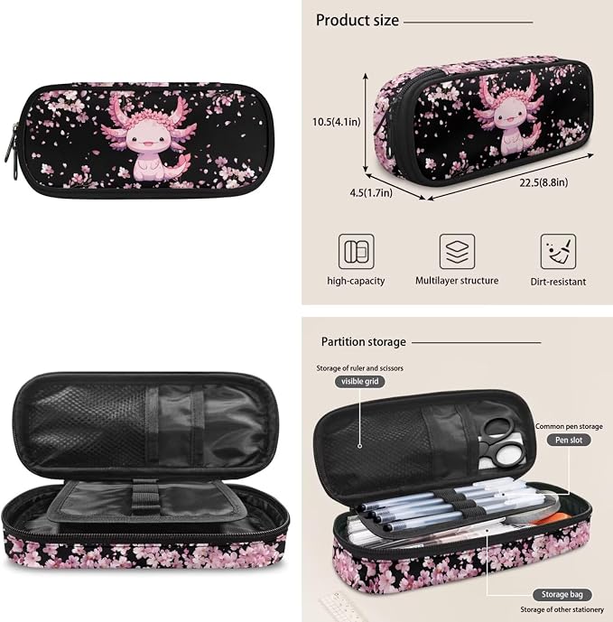 ZFRXIGN Cherry Blossom Axolotl Kids Backpack for Girls Bookbag with Cute Pendant 17inch Elementary School Bag and Insulated Lunch Box Portable Pencil Case Black