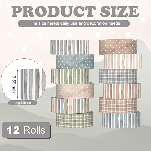 12 Rolls Watercolor Floral Washi Tape Set 15 mm Vintage Flower Decorative Masking Tape for Summer School Arts DIY Craft Scrapbook Journal Supplies Gifts(Watercolor,Stripes and Plaid)