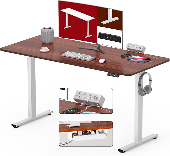 SANODESK Electric Standing Desk with Desk Clamp Power Strip 48"x 24" Whole-Piece Desktop Height Adjustable Stand Up Desk with Cable Management Sit Stand Home Office Desk White Frame/Mahogany Top