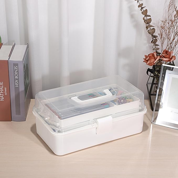 BTSKY 3-Layer Plastic Dividing Storage Box Craft Organizer and Storage | Portable Handled Art Supply Organizer with Adjustable Spacers Multipurpose Home Utility Box for Medicine Sewing(Beige White)