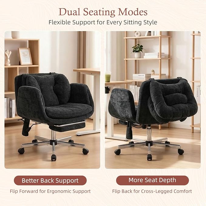 Criss Cross Office Chair with Footrest and 5-Gear Adjustable Arms, Black | Wide seat cross-legged desk chair, flip lumbar pillow, airbag support, linen fabric, for home office, vanity and meditation