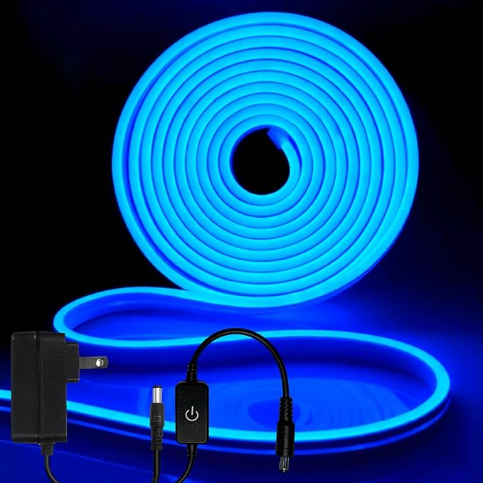 iNextStation 12V Blue LED Strip Lights 16.4FT, Flexible Silicone Neon Rope Light with Power Adapter, Waterproof, Cuttable, Dimmable & Linkable, LED Lights Strip for Bedroom, Kitchen(with Plug)