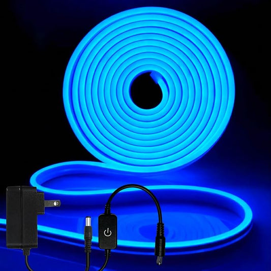 iNextStation 12V Blue LED Strip Lights 16.4FT, Flexible Silicone Neon Rope Light with Power Adapter, Waterproof, Cuttable, Dimmable & Linkable, LED Lights Strip for Bedroom, Kitchen(with Plug)