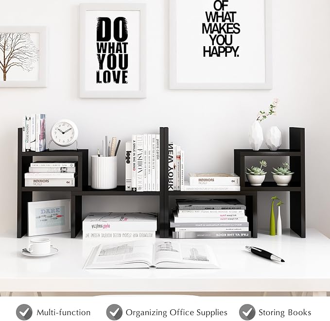 Jerry & Maggie Adjustable Rotatable Wood Desktop Display Shelf Black | Wooden Desk Organizer, Cute Dorm & Cubicle Decor. Stores Makeup & Mini Plants, Space-Saving Storage for Small College Rooms
