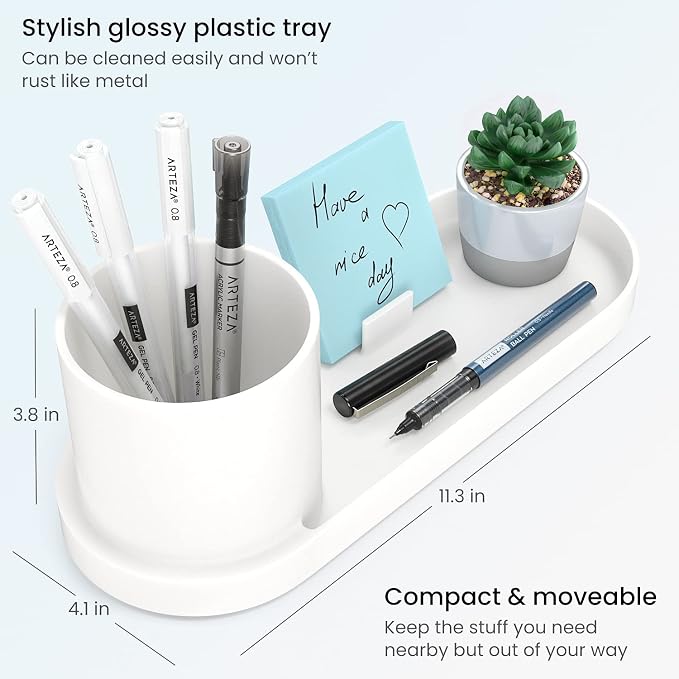 Arteza Office Desk Organizer, 11.3 x 4.1 x 3.8 inches, Modern Ivory Pen Holder with Phone Compartment, Desk Accessory for Stationery and Art Supplies