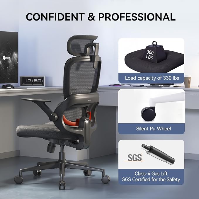 SIHOO B100 SE Office Chair, Desk Chair with Adaptive Lumbar Support & 2D Flip-up Armrests, 135° tilt Soft Memory Foam Erogonomic Chair for Home Office,Hold 300 LBS-Jet Black