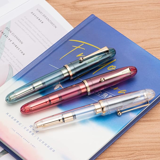 Jinhao 9019 DaDao Series Fountain Pen, Size 8 Extra Fine Nib with Large Ink Converter, Transparent Wine Red Acrylic Design Smooth Writing Pen (Gold Trim)