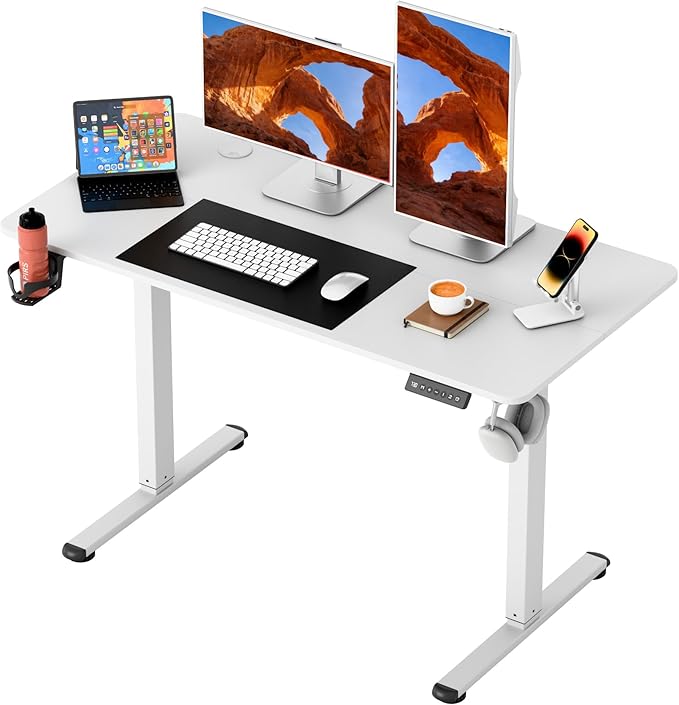 Furmax Electric Standing Desk, 45 x 24 Inches Height Adjustable Sit Stand up Desk, Memory Preset Computer Home Office Desks with Sturdy Metal Frame, Phone Stand Cable Management Hole (White, 45'')