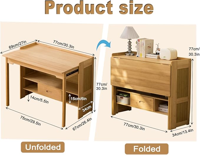 Bamboo Folding Desk with Bookshelf & Drawer, Small Foldable Computer Table, Wooden Space Saving Desks for Home Bedroom Study Office (Natural, 30.3″x27″x30.3″)