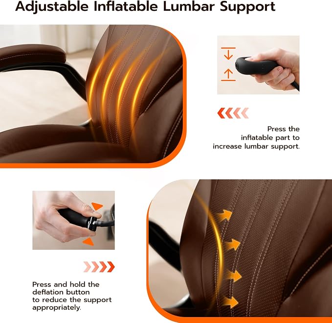 Ylzyxal Office Desk Chair, Ergonomic Computer Chair with Padded Flip-Up Arms and Adjustable Lumbar Support, PU Leather Executive Chair with Tilt Lock and 360° Swivel Rolling Wheels for Work, Study