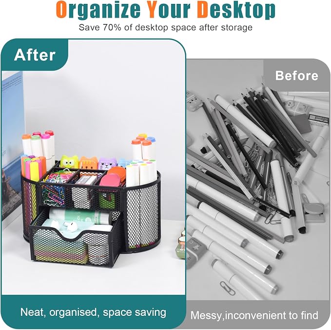 SAYEEC Mesh Desk Organizer Black Pen Holder for Desk Wire Desktop Organizer with 8 Compartments & Drawer Multi-Functional Metal Pencil Cup Caddy Holder Office Supply Storage Organizers for School Home