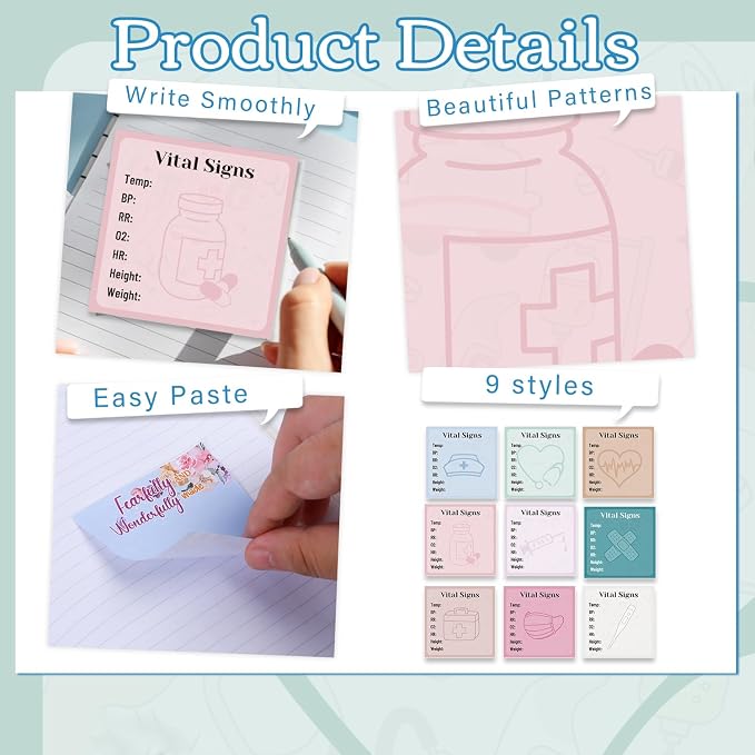 Vital Signs Sticky Notes Gifts, 9 Pack Vitals Signs Notepad for Nurse Daily Monitoring 3x3 Inch, Patient Health Checklist Office Hospital Memo Pads Supplies (450 Sheets)