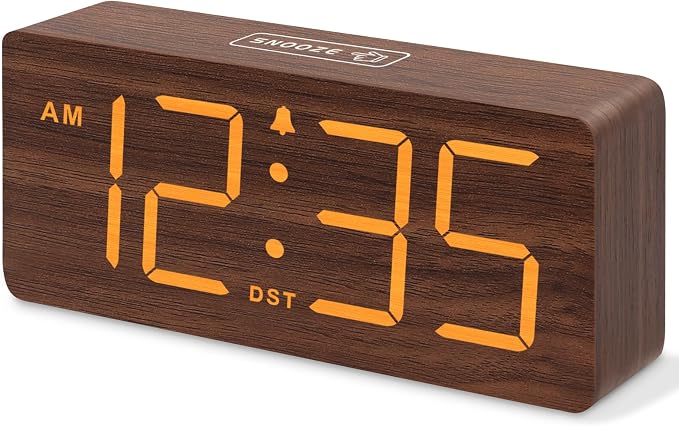 DreamSky Wooden Digital Alarm Clock for Bedroom with Large Numbers | Desk Clock for Living Room Office, Loud Alarm for Heavy Sleepers Adults, Volume Control, Dimmer, DST, Wood Decor (Plug-in)