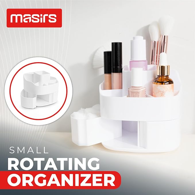 Masirs Small 360 Rotating Makeup Organizer, 5 Compartments, Square White | Small 360 Rotating Makeup Organizer, 5 Compartments, Acrylic Mini Lazy Susan, Vanity Bathroom Counter, Square White
