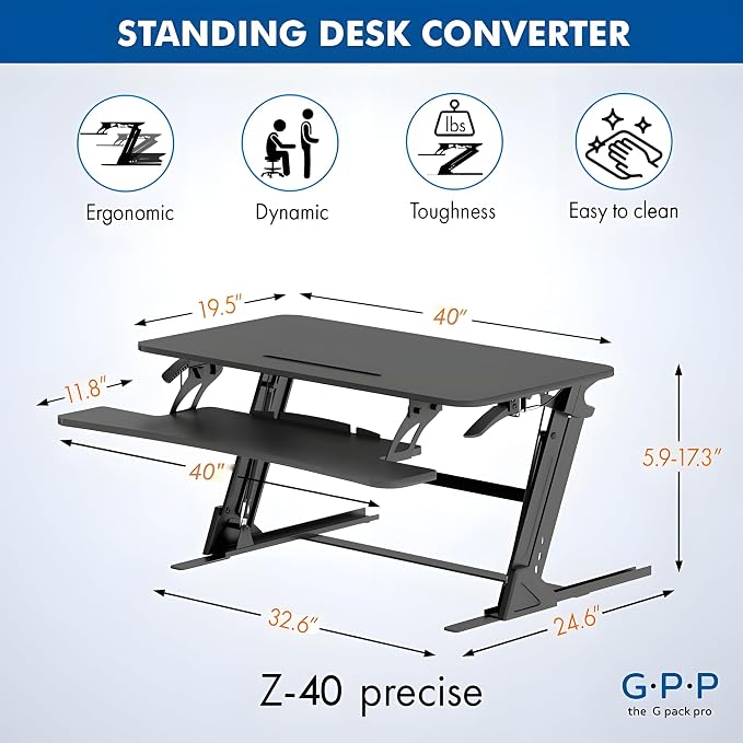 Standing Desk Converter 40 Inch, Height Adjustable to 17.3 Inches | Dual Monitor Work Surface With Keyboard Tray, Steel Frame, and Smooth Manual Lift for Home Office Setups