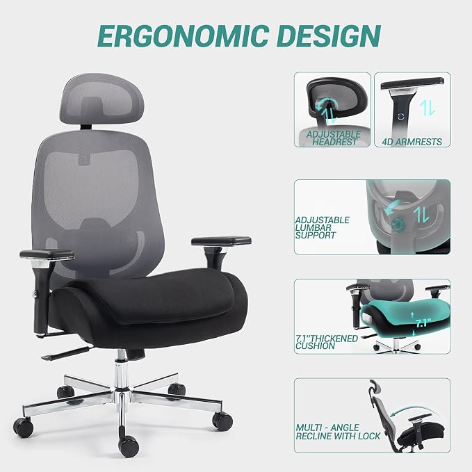 Big and Tall Office Chair 750lbs, Heavy Duty Ergonomic Mesh Desk Chair, 500+lbs Capacity, Extra Wide Seat, High Back Executive Computer Chair for Heavy People, Black & Grey