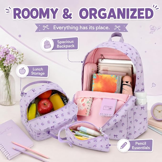 Bluboon Teen Girls School Backpack Kids Bookbag Set with Lunch Box Pencil Case Travel Laptop Backpack Casual Daypacks (Beige bow tie)