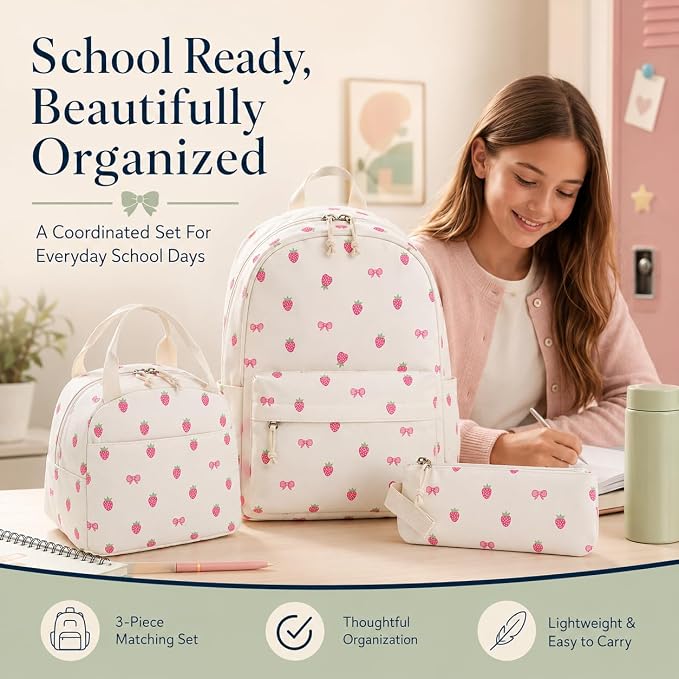 Bluboon Teen Girls School Backpack Kids Bookbag Set with Lunch Box Pencil Case Travel Laptop Backpack Casual Daypacks (Beige bow tie)