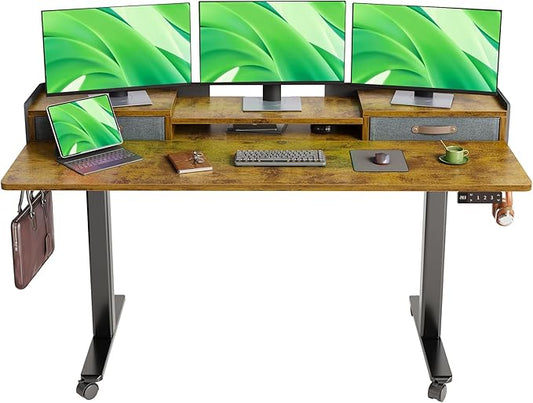 Claiks Standing Desk with Drawers & Wheels, 2 Height Shelf 63" Rustic Brown | 2 height adjust shelf, tabletop drawers, felt fence design, sturdy supports 176 lbs, 4 wheels, 2 tire monitor stand