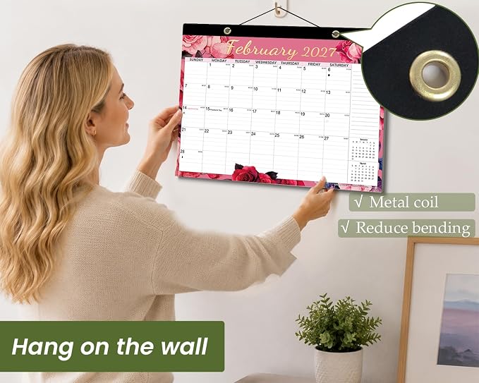 AECCN Desk Calendar 2026-2027, 18 Months Calendar, 17" x 11.4" Large Space, Anti Ink Bleed and Transparent Cover, Desktop Calendars with Stickers for Home, school, Office Planning-Flower