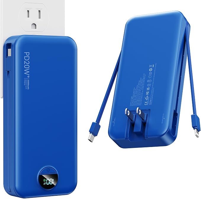 Nusyddy Portable Charger 20000mAh PD20W w/Built-in Cables & Wall Plug Navy | PD20W Fast Charging, High Capacity, LED Display, Charge 5 Devices at once, TSA Approved, Compatible with iPhone/iPad/Samsung