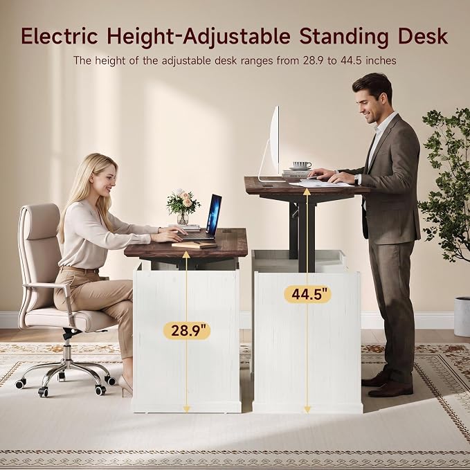 63" Electric Standing Desk with File Cabinet,Computer Desk, Walnut&White | Height Adjustable Desk with 3 Drawers, Farmhouse Sit-stand Desks w/ Power Outlets, Home Office Stand up Desk for Work, Study