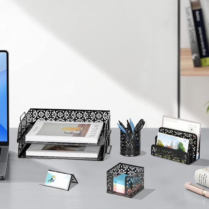 EasyPAG Desk Organizers and Accessories 5 Pieces Office Supplies Set - 2 Tier Paper Tray, Pencil Organizer for Desk, Mail Sorter Countertop, Business Card Holder and Sticky Note Holder, Black
