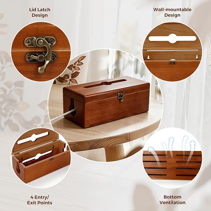 Cable Management Box with Latch, Soild Wood Cord Box with 4 Open Slots, Cable Box to Hide Cords and Power Strip