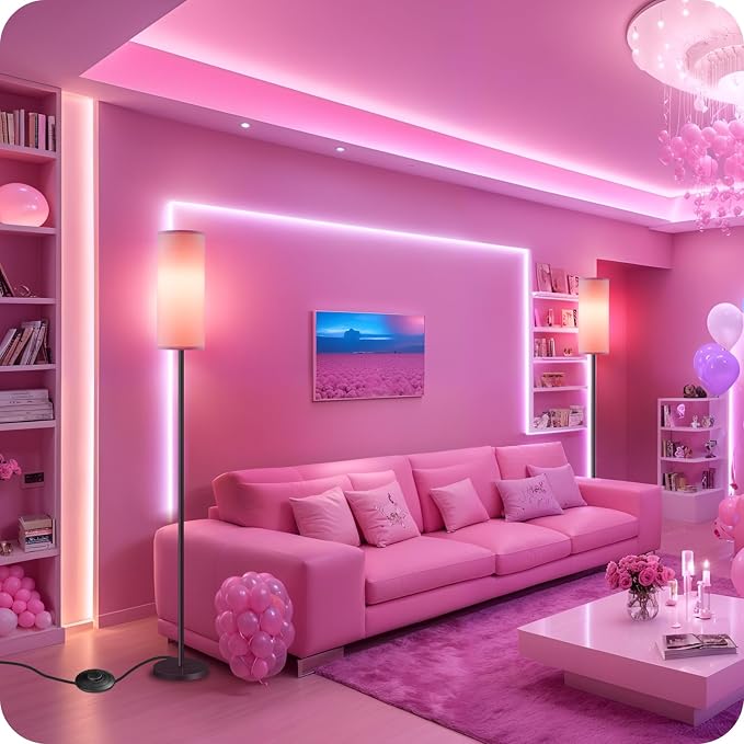 2 Pack Dimmable Pink Floor Lamps for Living Room with 2 Remotes and Foot Switch, Corner Floor Lamp, 64.4'' Standing Tall Lamp, 10W 900LM Bulb Included, 3000K-6500K, Linen Shade, FCC Listed P06LDP205W1