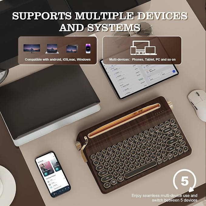 YUNZII QL75 Wireless Typewriter Hot Swap Retro Mechanical Keyboard,Punk Round Keycaps,RGB Backlit QMK/VIA Programmable, Multi-Device Keyboard with 2.4GHz/Type-C/BT5.0 (Wood, Cocoa Cream V2 Switch)