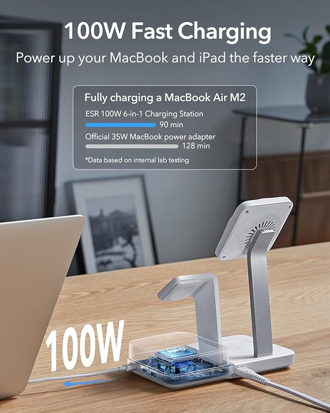ESR 100W 6-in-1 GaN Charging Station with CryoBoost, Compatible with MagSafe Charger Stand, Magnetic Wireless Charger for iPhone 17e/17/16/15/14/13/12, Apple Watch, AirPods Pro/3/2, Classic White