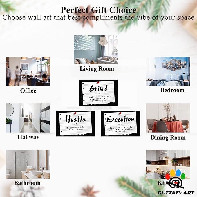 Office Wall Art - 3 Panel Motivational Wall Art, Inspirational Quotes Canvas Art for Home Office Wall Decor, Positive Quotes Wall Decor, Entrepreneur Grind Hustle Execution Poster Frame (12”x18”x3Pcs)