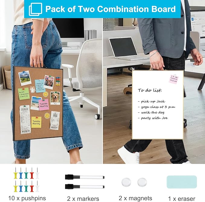 Small Whiteboard Cork-Board Combination for Wall - 16" x 12" Portable Aluminum Frame Magnetic Dry Erse Board Mini Bulletin Cork Board 2 Pack with Holder for School, Office, Home