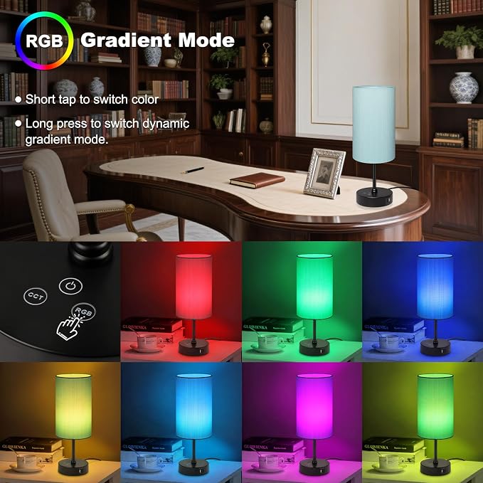 Unicozin Table Lamp for Bedroom, 3 Color Temperatures, 7 RGB Colors, Adjustable Brightness, Dual USB Charging Ports, Ambience Nightstand Light with Blue Shade, Desk Lamp for Kids Reading Home Office