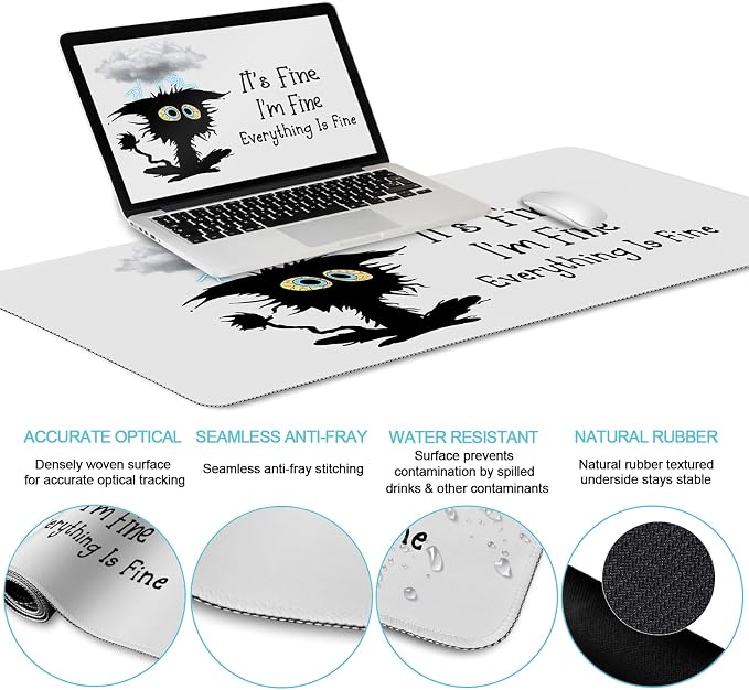 LIMKRIAN Desk Mat Set, Large Gaming Mouse Pad with Wrist Rest, Ergonomic Mouse Pad Keyboard Mat Wrist Support, Cup Coaster, Home Office Desk Accessories Decor Supplies, Funny Black Cat