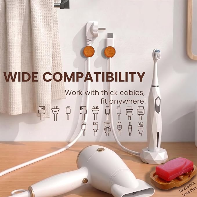 8 Pack Magnetic Cable Clips, Wooden Desk Cable Organizer and Cord Holder, Dual Mount N35 Magnet or 3M Adhesive, Cable Management for Phone Charger, USB-C and Laptop Cords