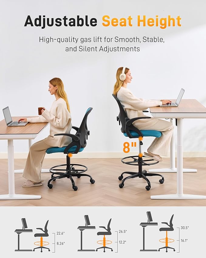 LukkDys Drafting Chair with Arms, Tall Office Chair for Standing Desks | Ergonomic lumbar pad, breathable mesh and foot ring support forward-leaning posture for sewing, crafts and daily studio work.