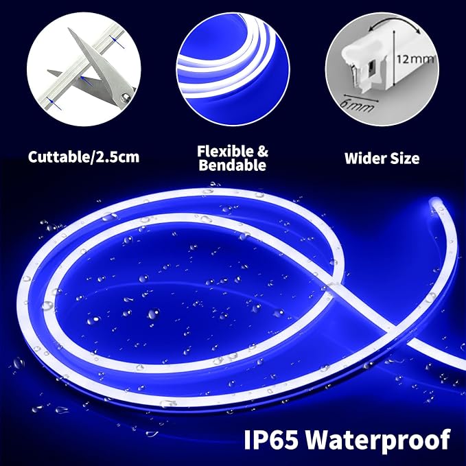 iNextStation Blue LED Light Strip, 16.4ft/5m 12V Silicone Flexible Neon Rope Lights, IP65 Waterproof Cuttable LED Strip Lights for Gaming Room, Bedroom, Outdoor Light, DIY Sign Decor (No Adapter)