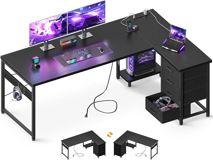 AODK 67" L Shaped Gaming Desk with 4 Drawers and Power Outlets, Black | USB Ports, PC Tower Stand, Hooks, Reversible Corner Layout for Gaming Rooms, Bedrooms and Home Office