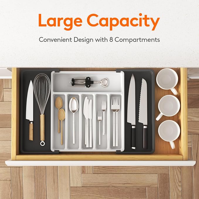Lifewit Silverware Drawer Organizer, Expandable Utensil Tray for Kitchen, BPA Free Flatware and Cutlery Holder, Adjustable Plastic Storage for Spoons Forks Knives, 13-22 x 15", White&Black