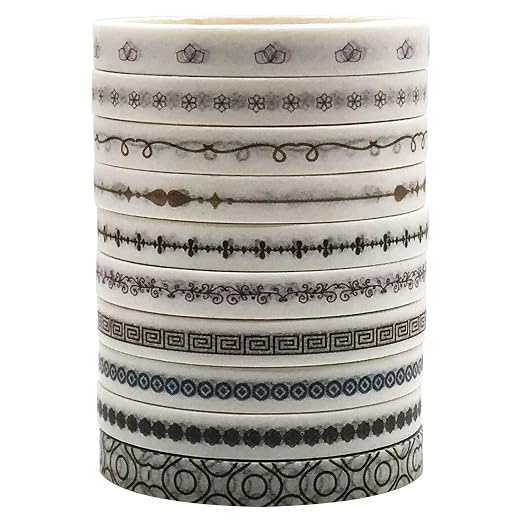 Vintage Pattern 5mm Wide Skinny Washi Tape Set, 10 Rolls Minimalist Japanese Masking Decorative Tapes for Bullet Journal Planners DIY Decor Crafts Arts Scrapbooking Adhesive
