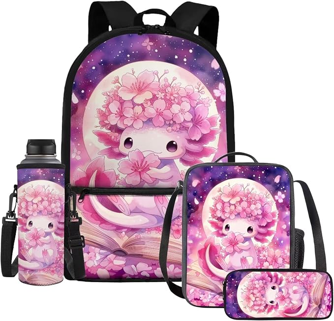 WELLFLYHOM 6-8 Girls Cherry Blossom Axolotl School Bookbag Set Kids | Moon Backpack and Lunchbox Pencil Case Water Bottle Lightweight Daypack Gift for Back to School Season