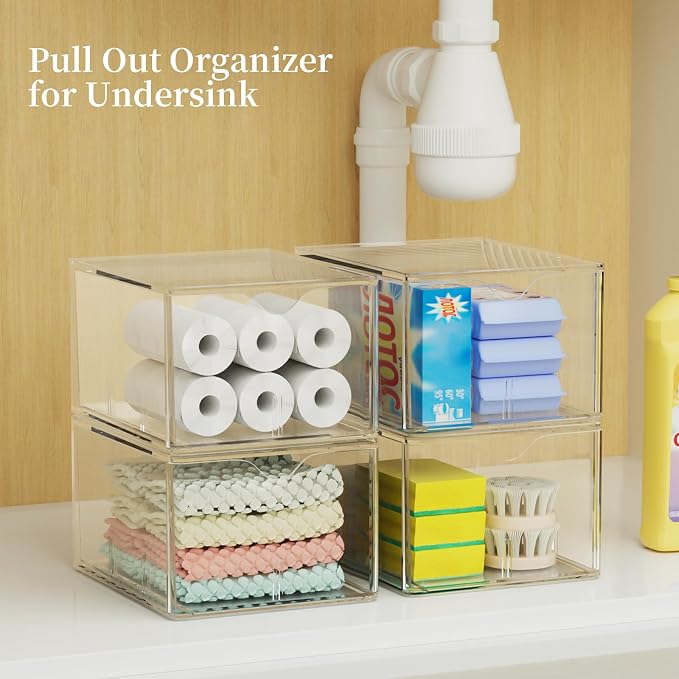 4 Pack Clear Tea Bag Organizers with Adjustable Dividers, Stackable Tea Drawer Organizer Box for Pantry, Coffee Bar, Kitchen Cabinet, Acrylic Food Storage Bins for Snacks, Sugar & Spice Packets