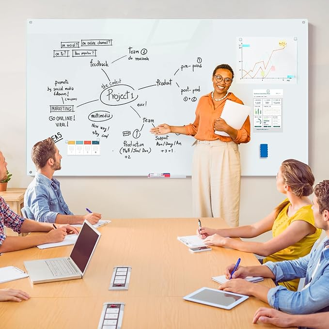 Magnetic Glass Whiteboard 6'x4', 72"x48" Glass Dry Erase Board for Wall Mounted, Large Commercial Board Frameless for Office, Classroom & Home