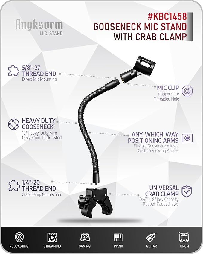 13" Gooseneck Mic Stand w/Super Crab Clamp, Flexible Microphone Arm Mount Holder, Compatible with Music Stands, Mic Stands, Tripods, Boom Arms - KBC1458
